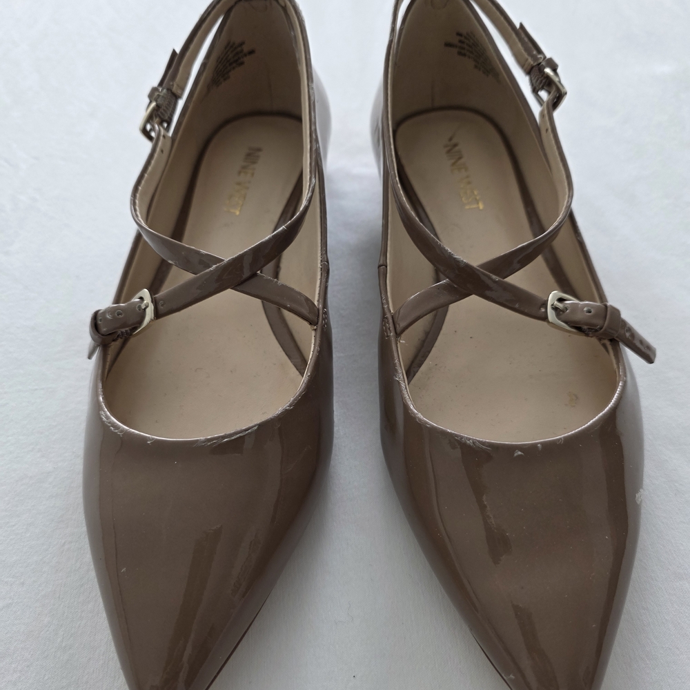 Nine West Taupe Patent Pointed-Toe Mary Jane Flats
